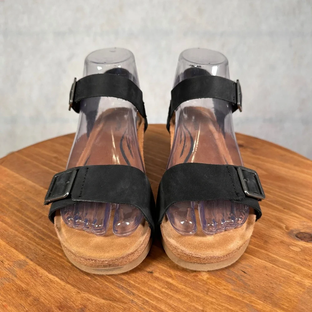 Aetrex Lexa Wedge Sandals Womens 36 Black Good Leather Orthotic Comfort